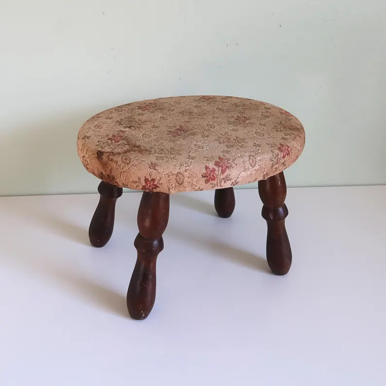 Vintage Oval Upholstered Footstool, Floral Tapestry Fabric, Dark Wood Turned Legs | Etsy (US)