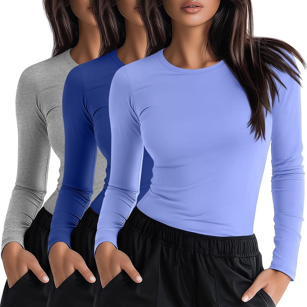 Neer 3 Pack Womens Underscrub Shirts Long Sleeve Crewneck Tops Fitted Layering Clothes Comfort Kn... | Amazon (US)