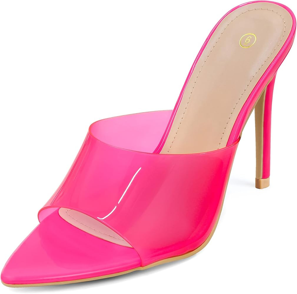 mysoft Women's Pointed Toe Clear Stilettos Transparent Strap Slip On High Heeled Mules | Amazon (US)