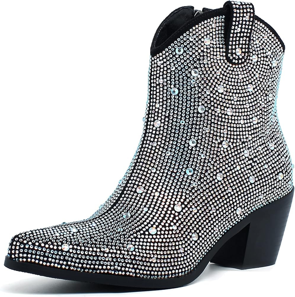 FIFSY Women Rhinestone Cowboy Boots Glitter Chunky Heel Sparkly Cowgirl Ankle Boots | Amazon (US)