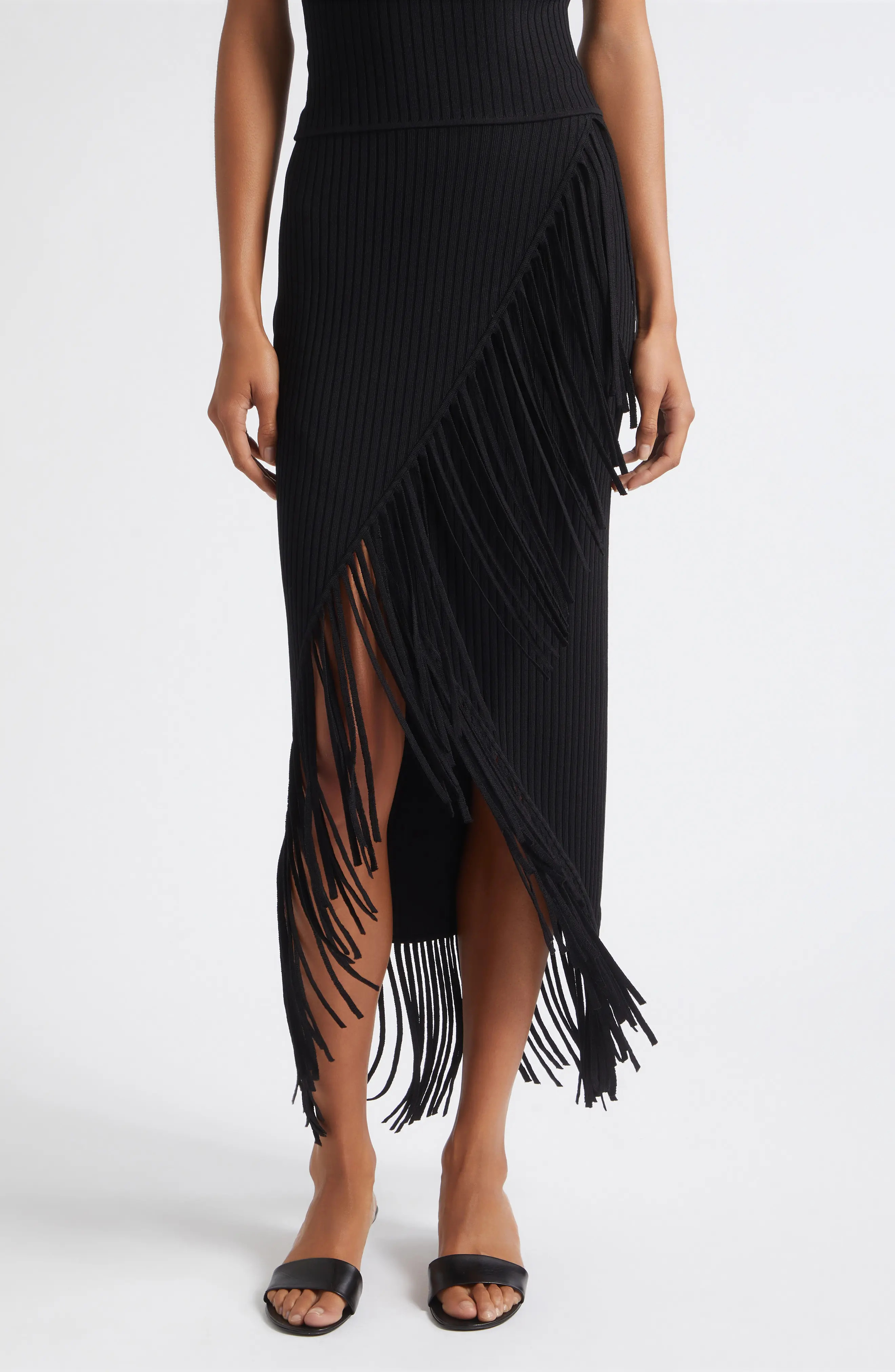 Toccin Giana Fringe Asymmetrical Midi Skirt in Jet at Nordstrom, Size Small | Nordstrom