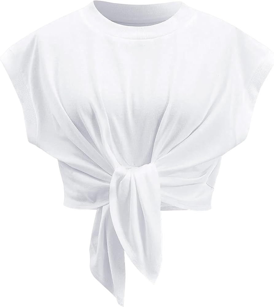 Tank Top for Women Crew Neck Cap Sleeve Tie Front Pullover Ruched T-Shirt Tops Summer Beach Crop ... | Amazon (US)