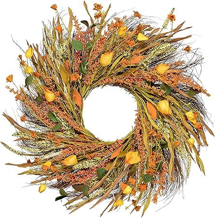 DearHouse 22 inch Fall Wreath Front Door Wreath Grain Wreath Harvest Gold Wheat Ears Circle Garla... | Amazon (US)