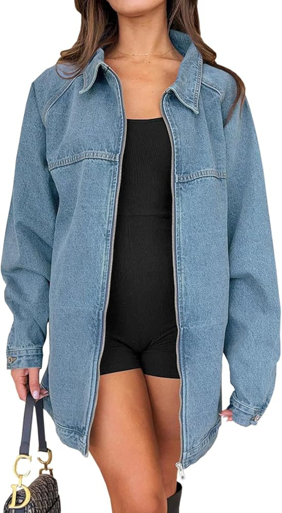 Tankaneo Womens Oversized Denim Jackets Casual Zip up Spring Long Sleeve Jean Jacket with Pocket | Amazon (US)