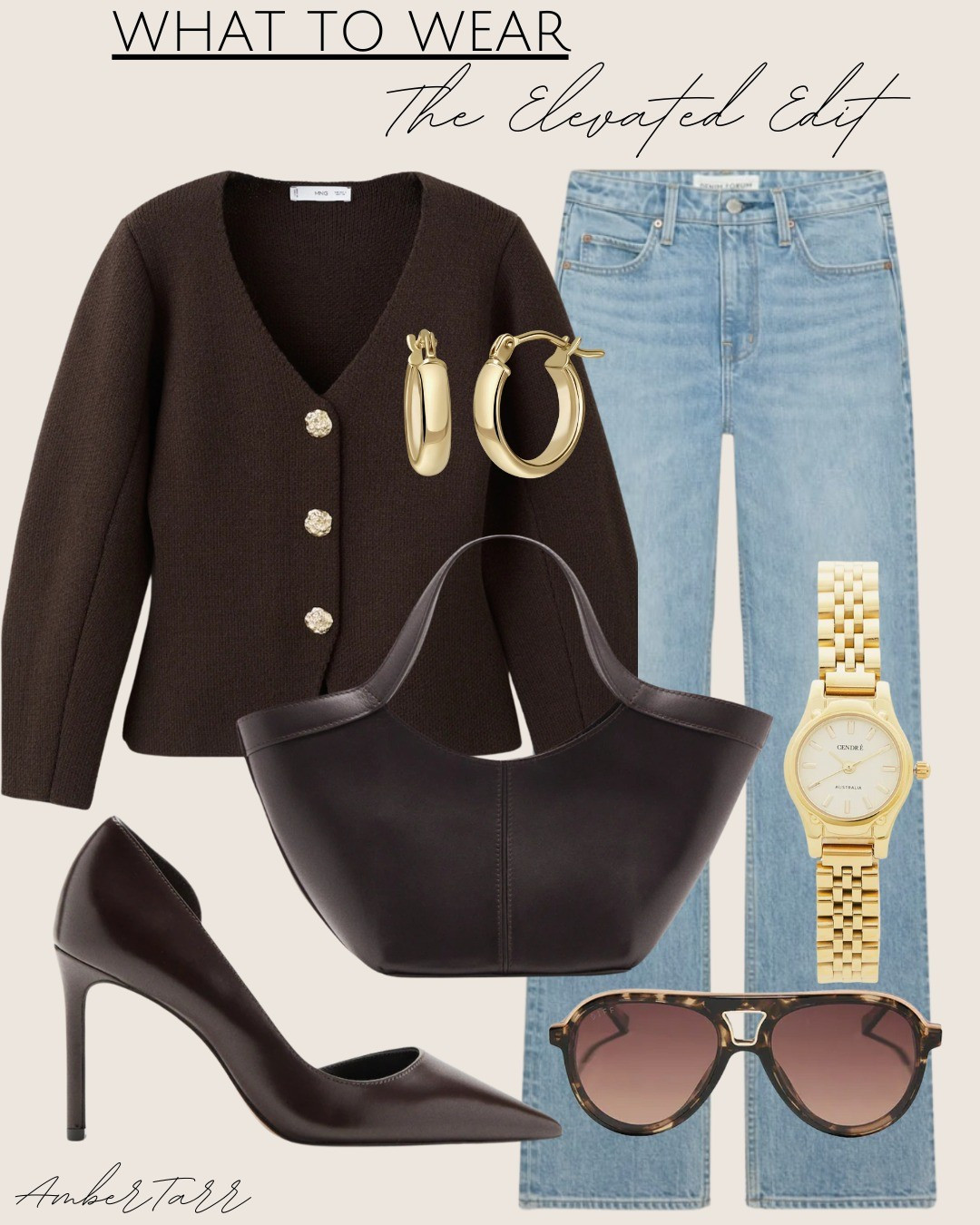 This look is the definition of effortless polish. A rich brown cardigan with statement buttons paired with classic light-wash straight-leg denim creates a timeless, elevated everyday outfit. Styled with sleek brown heels, a structured shoulder bag, oversized gold hoops, tortoise sunglasses, and a classic gold watch for a warm, cohesive finish. This is an easy go-to for brunch, meetings, errands, or casual dinners when you still want to look put together.

#LTKmomlife #LTKootd #LTKOver40