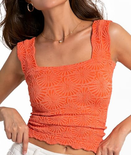 Niceyoo Women's Square Neck Wide Strap Crop Tank Tops Summer Going Out Tops Slim Fit Lettuce Trim Crop Cami Orange,XS/S | Amazon (US)