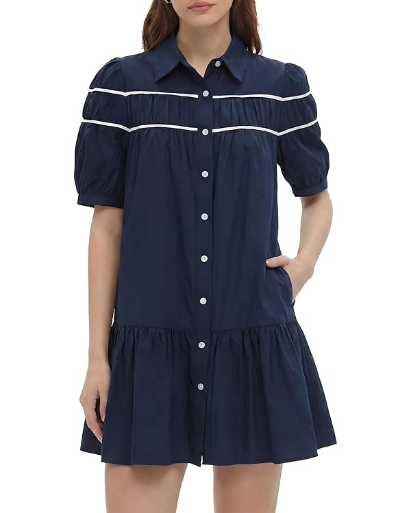 EZAPINE Womens Babydoll Puff Sleeve Dress Button Down Color Block Summer Short Sleeve Mini Shirt ... | Amazon (US)