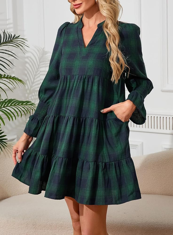 Ladyful Women's Long Sleeve Plaid Mini Dress Vintage V Neck Tiered Checkered Babydoll Ruffle Flow... | Amazon (US)