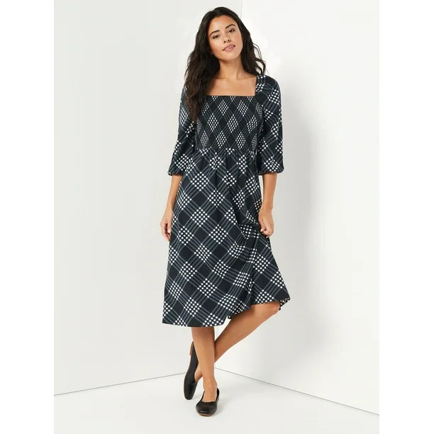 Time and Tru Women's 3/4 Sleeve Smocked Midi Dress - Walmart.com | Walmart (US)