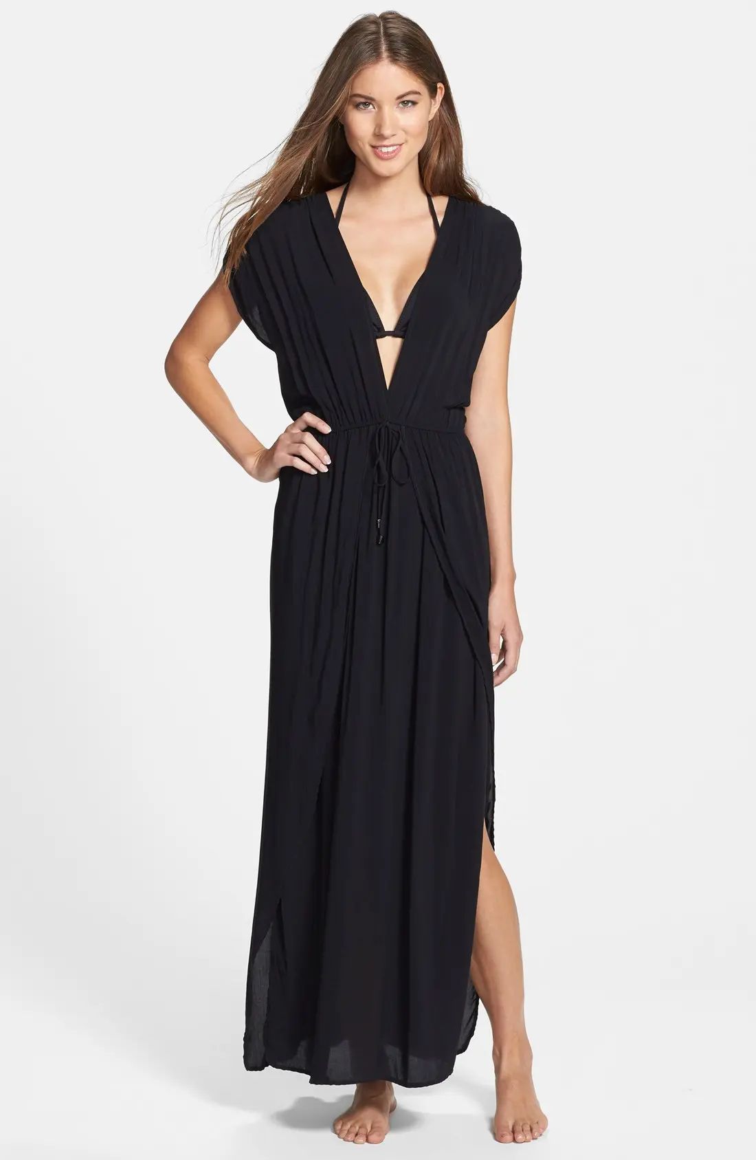 Women's Elan Deep V-Neck Cover-Up Maxi Dress, Size Large - Black | Nordstrom