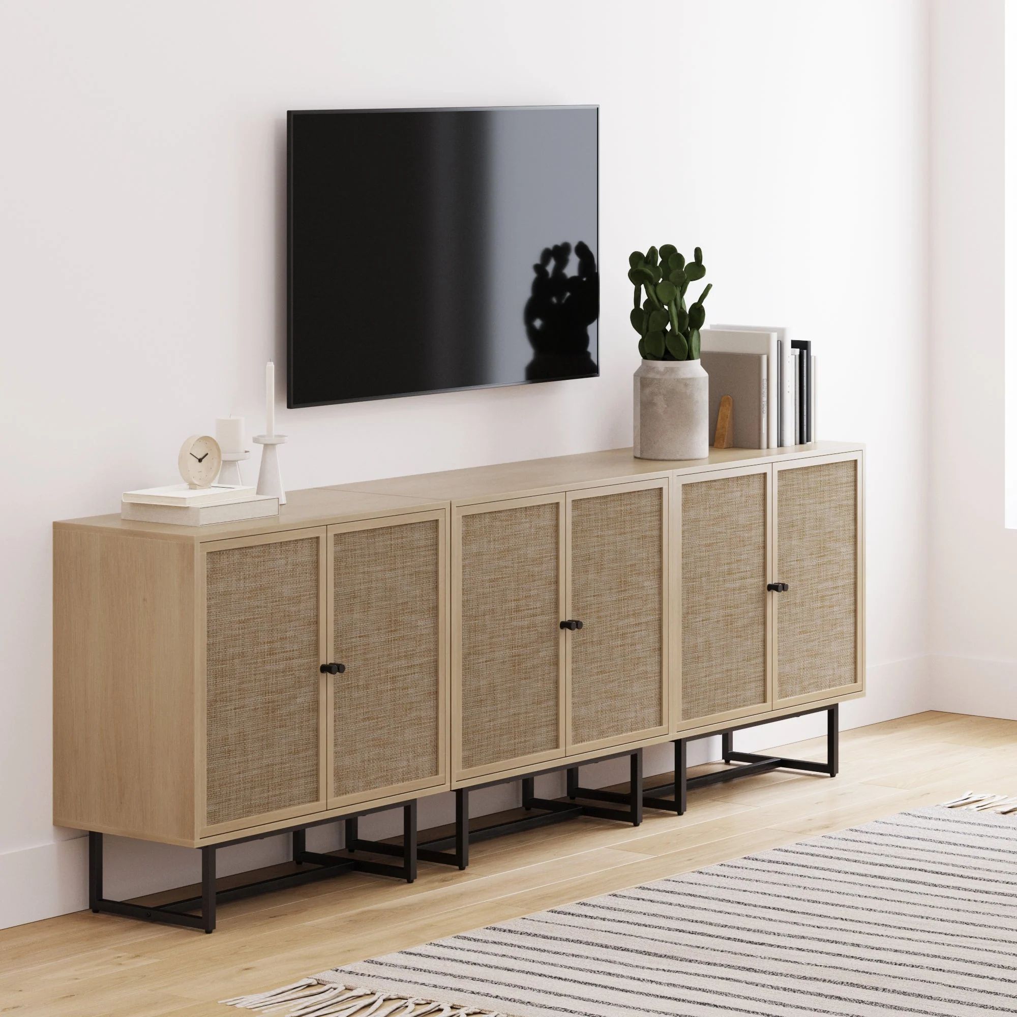 Rattan TV Console Credenza Oak (Set of 3) | Nathan James