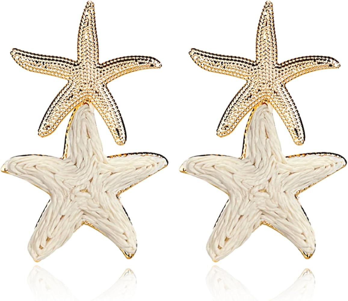 Starfish Earrings for Women Large Gold Statement Star Earrings Boho Raffia Straw Wrapped Starfish... | Amazon (US)