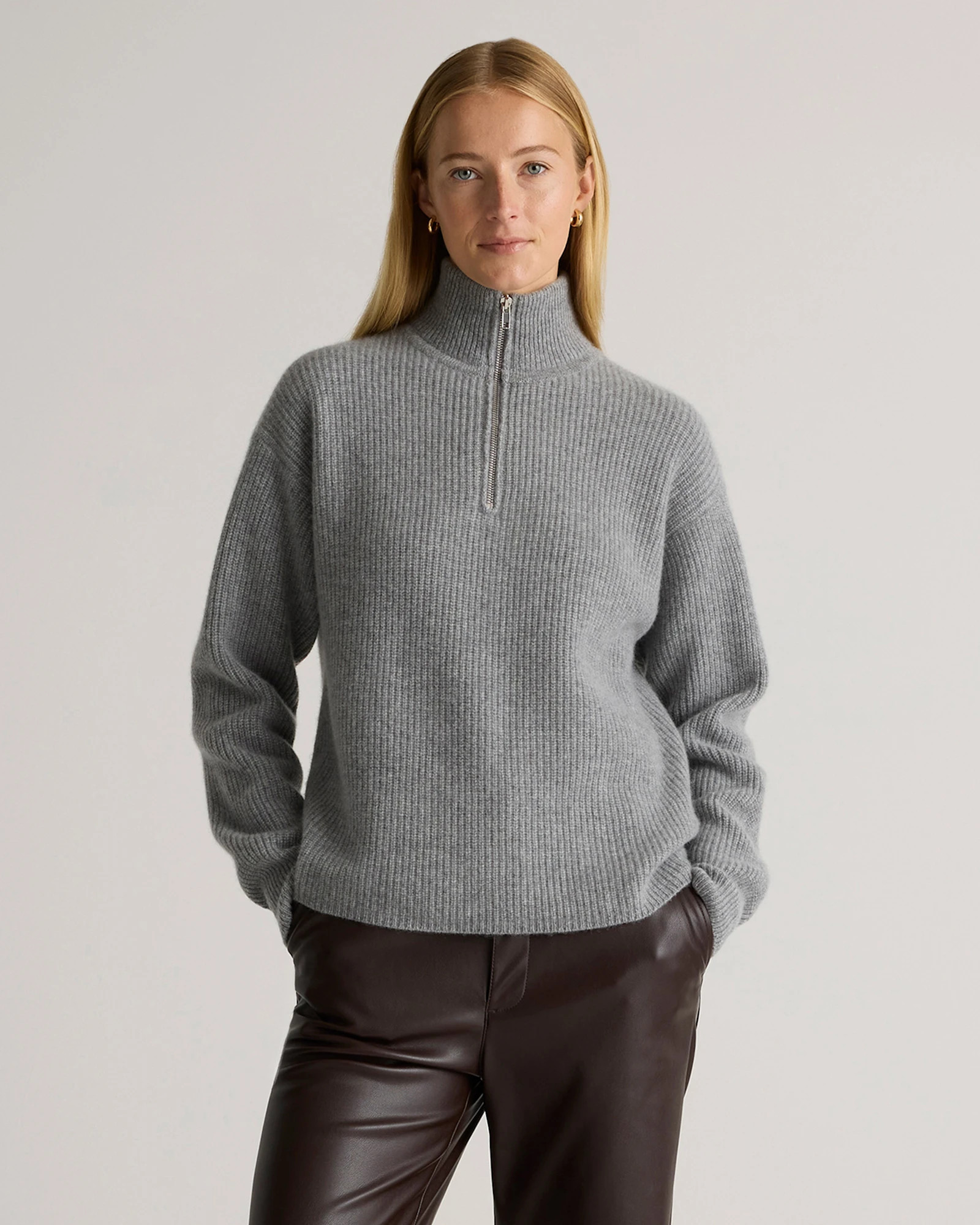 Quince | Women's Mongolian Cashmere Fisherman Quarter Zip Sweater in Ivory, Size Large | Quince