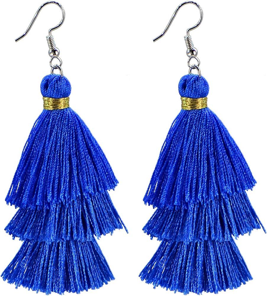 AD Beads Fashion Charm Crystal Silk Tassel 3 Layers Fan Fringe Dangle Earrings designer costume j... | Amazon (US)