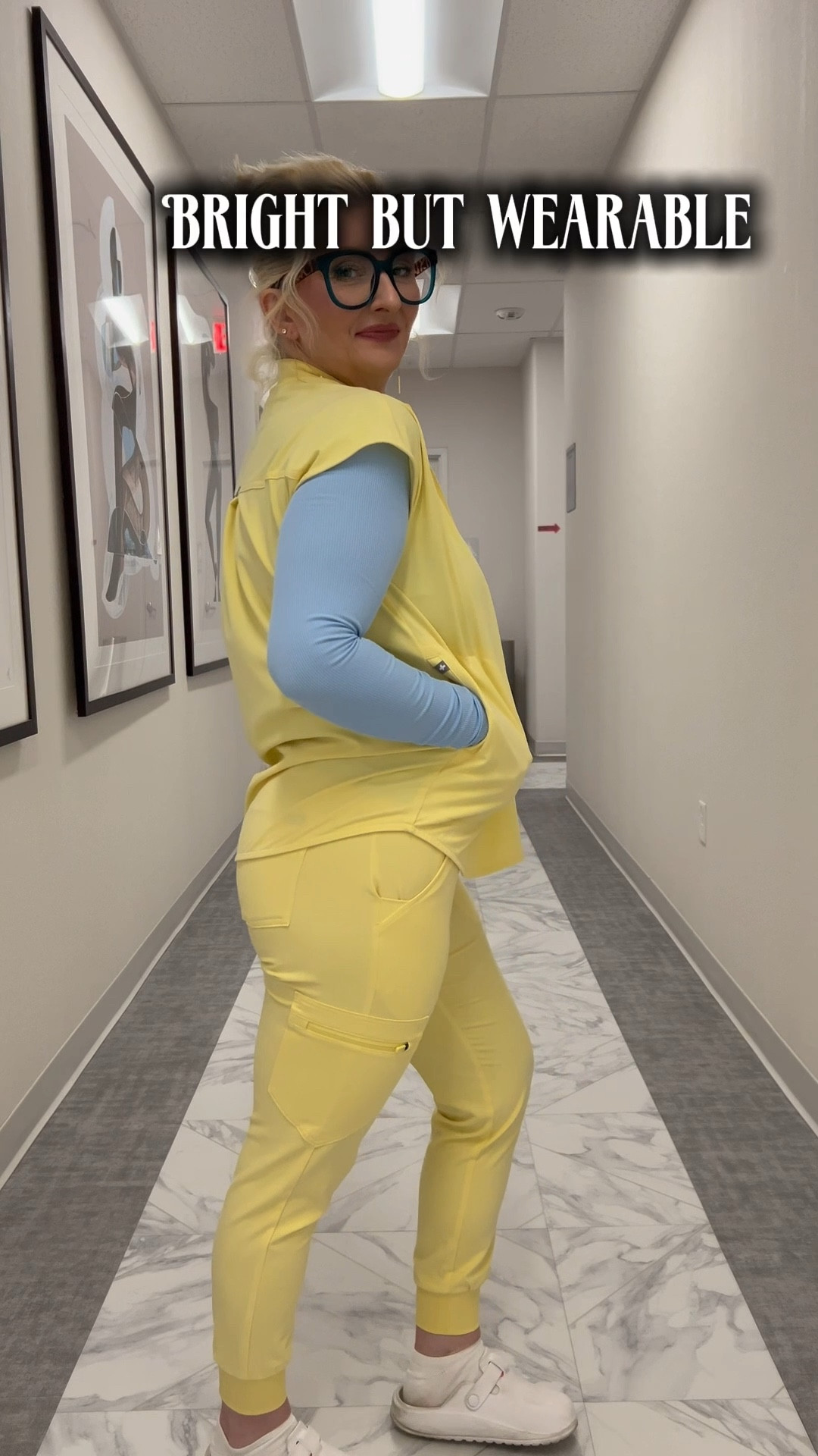 Use this instead:
Bright yellow scrub set styled with a blue underscrub and neutral clogs
Flattering fit and comfortable for long shifts

Everything is linked here
