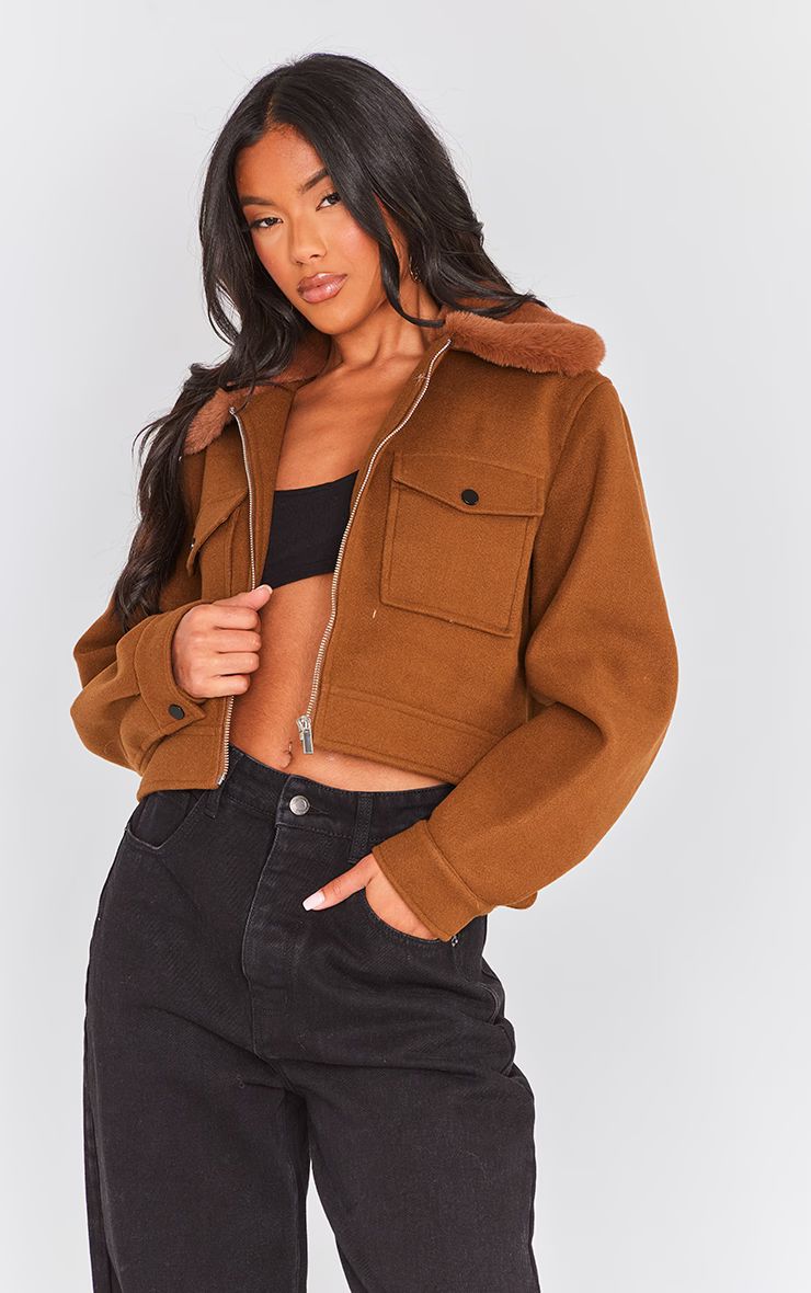 Brown Wool Look Faux Fur Collar Cropped Jacket | PrettyLittleThing UK