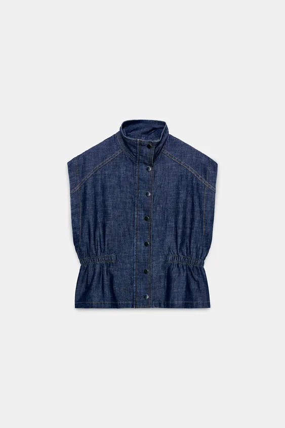 Vest made of linen. High collar. Elastic waist. Front zipper and snap button closure. | Zara US