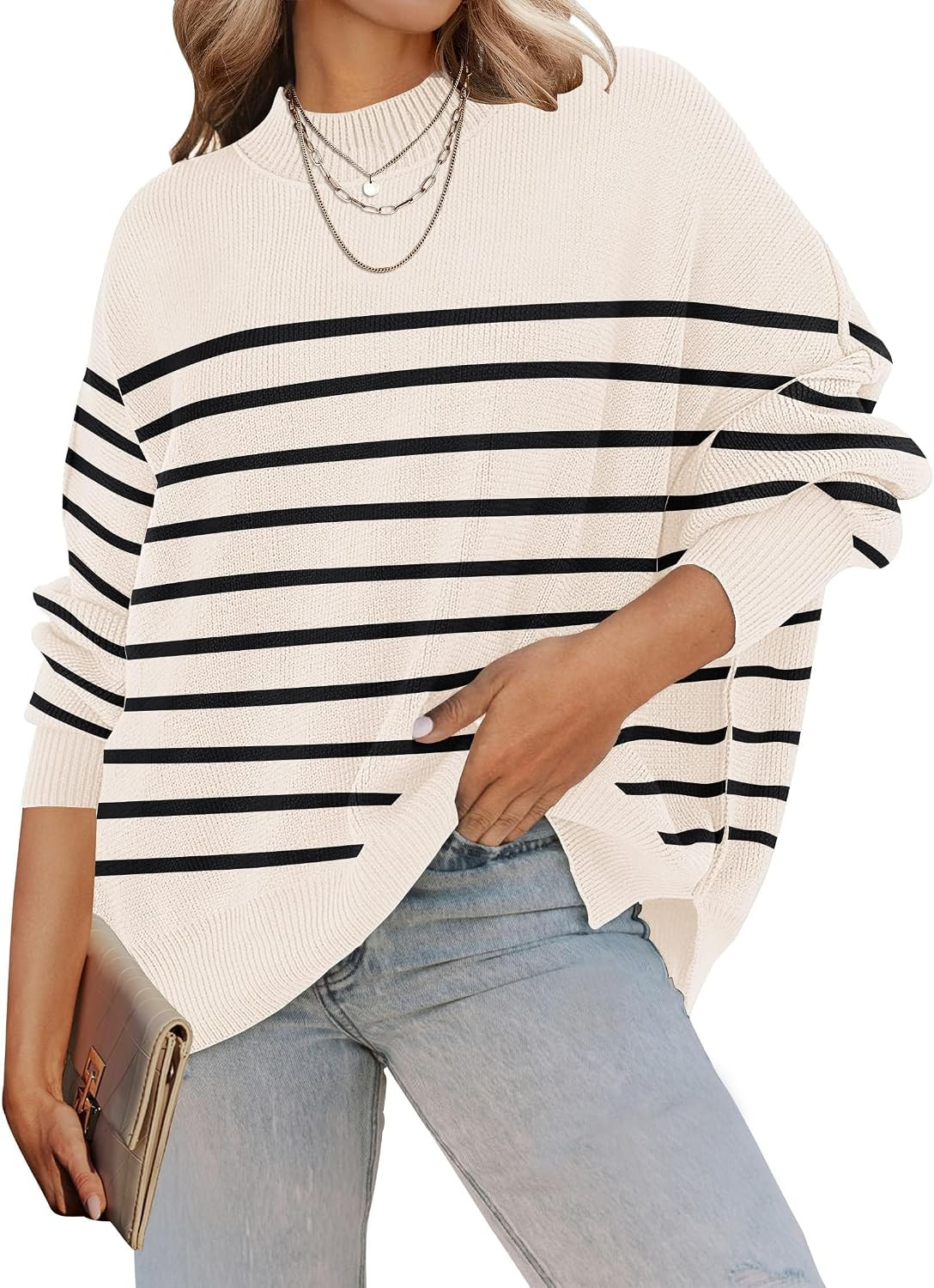 ZESICA Womens Winter Oversized Striped Ribbed Knit Sweater | Amazon (US)