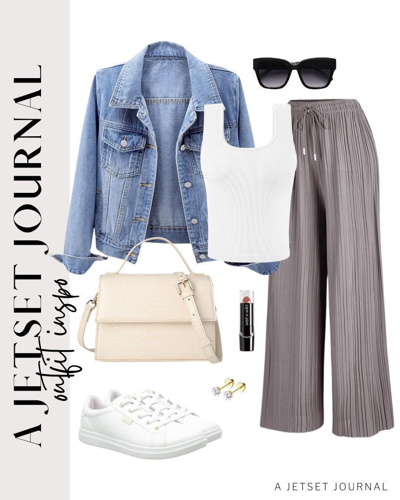 Wear this light blue distressed jacket over your white tank top, then pair it with comfy palazzo pants. These SOJOS trendy sunnies go well with this relaxed fit. 

 #LTKSeasonal #LTKSaleAlert #LTKTravel