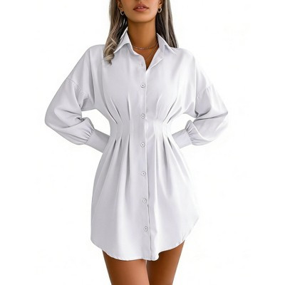 YESFASHION Women's Casual Shirt Dress Puff Sleeves Lapel Collar High Waist Belted Tunic Midi Dress | Target