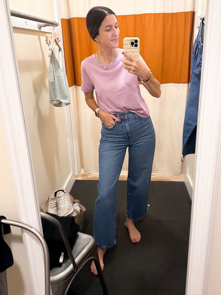 Obsessed with these Madewell jeans! 
Size down one size. Wearing size 25. 
Perfect Vintage Wide Leg Crop
Exact shirt linked in different color. Wearing XS  

#LTKunder100