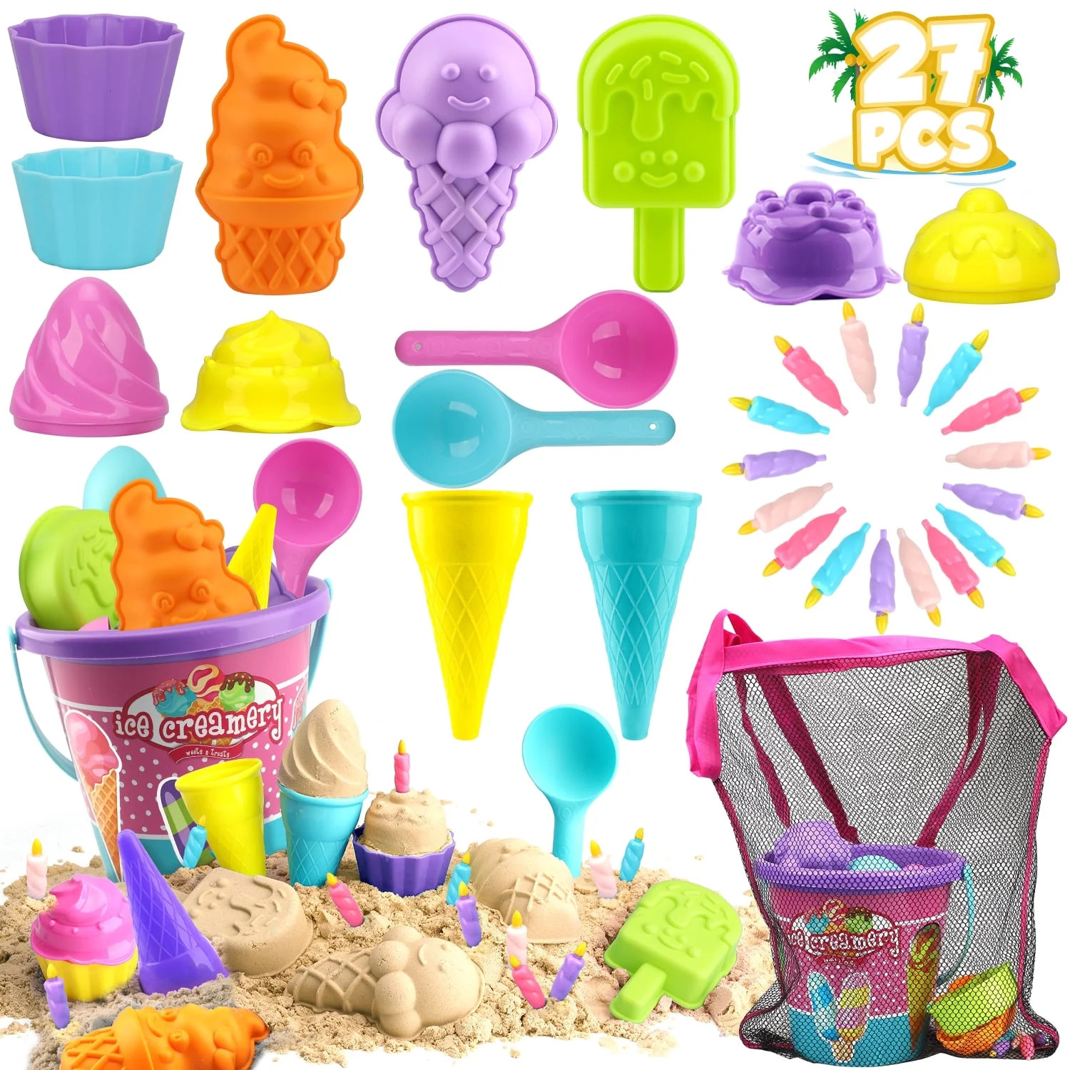 Beach Toys for Kids 3-10, Ice Cream Sand Toddlers Sandbox with Bucket 27 Pcs, Shovels, Cupcake De... | Walmart (US)