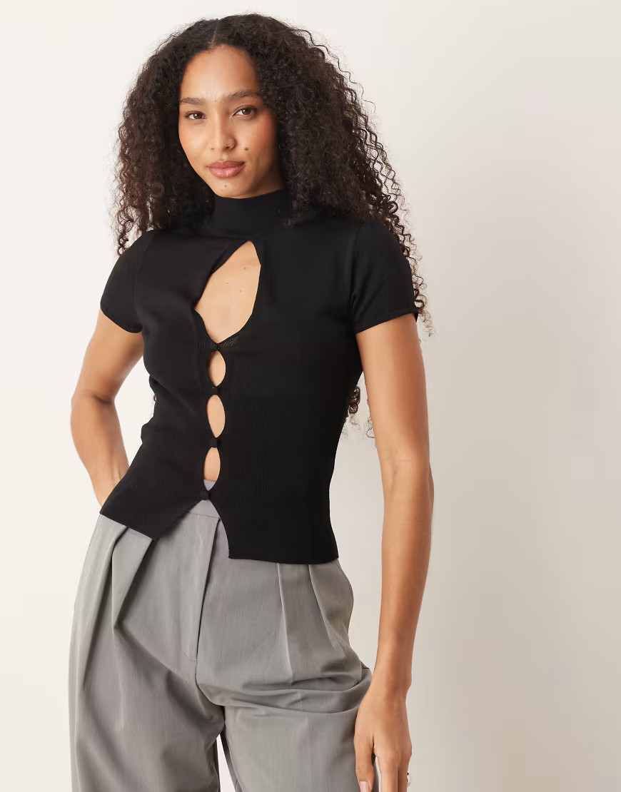 Mango high neck knitted short sleeve top with cut out detail in black | ASOS (Global)