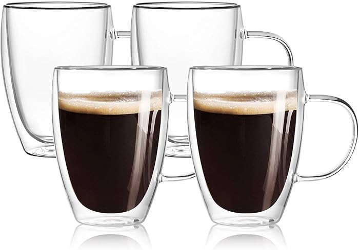 4-Pack 12 Oz Double Walled Glass Coffee Mugs with Handle, Insulated Layer Coffee Cups, Clear Boro... | Amazon (US)