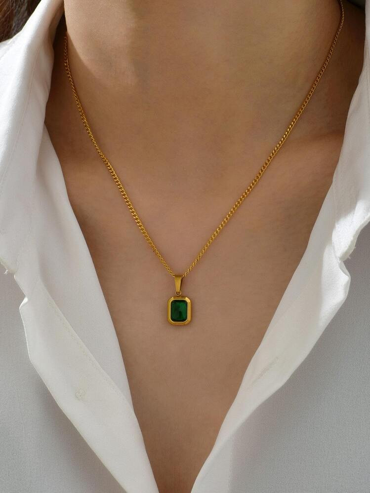 1pc Vintage Green Square Zirconia & Gold Tone Stainless Steel Necklace For Women, Daily Wear Or T... | SHEIN