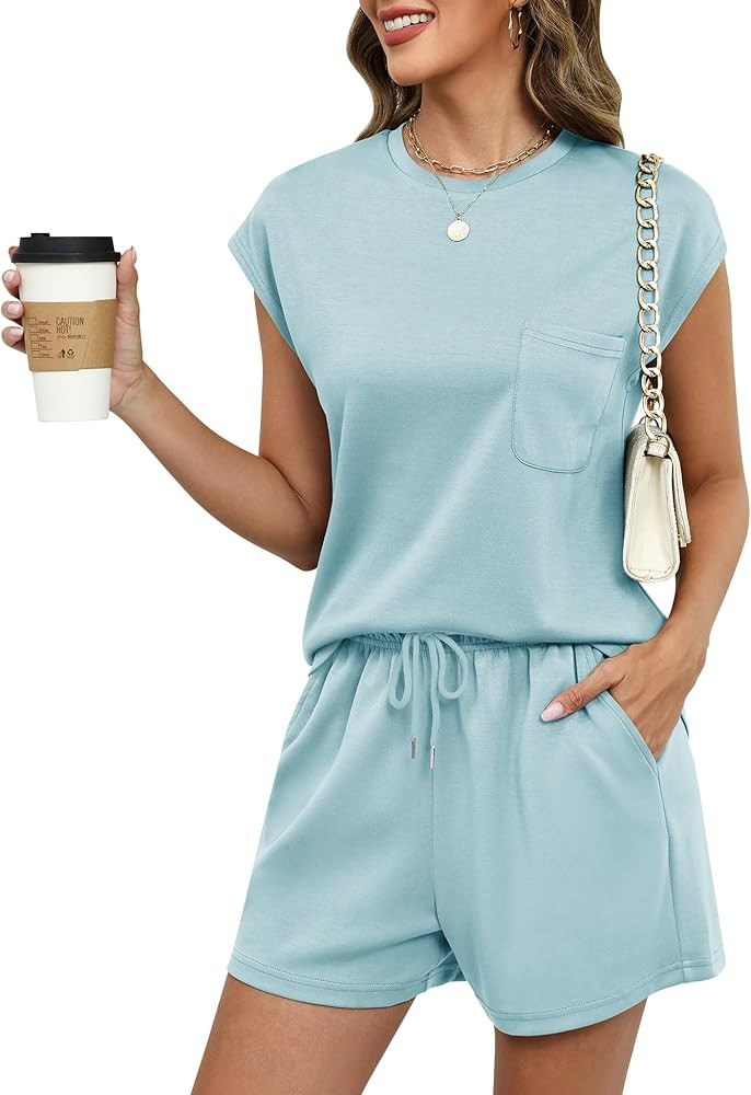 LOMON Two Piece Shorts Sets for Women Vacation Trendy Lounge Sets Crew Neck Matching Sets Cap Sle... | Amazon (US)