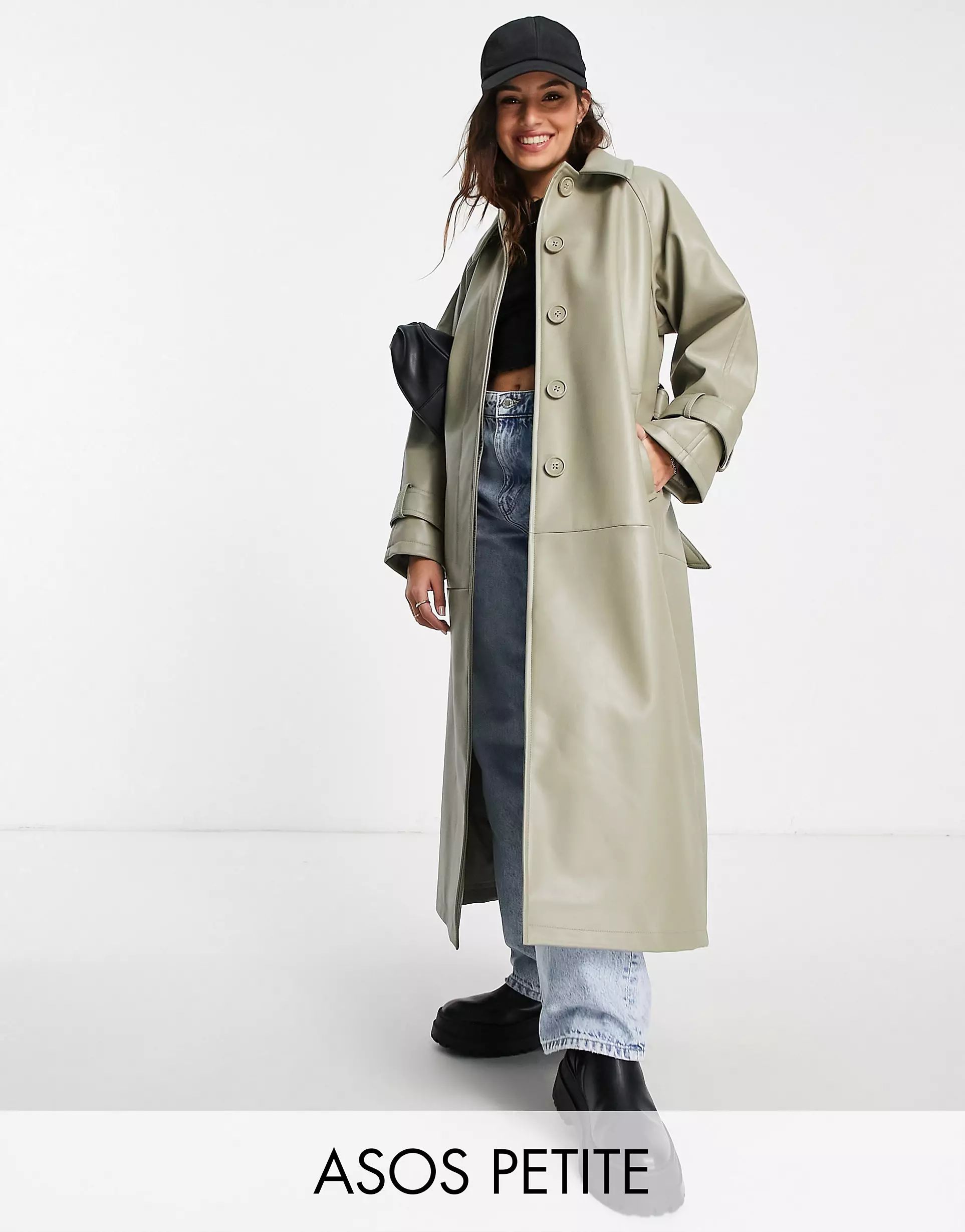 ASOS DESIGN Petite collared faux leather trench coat in light sage | ASOS (Global)