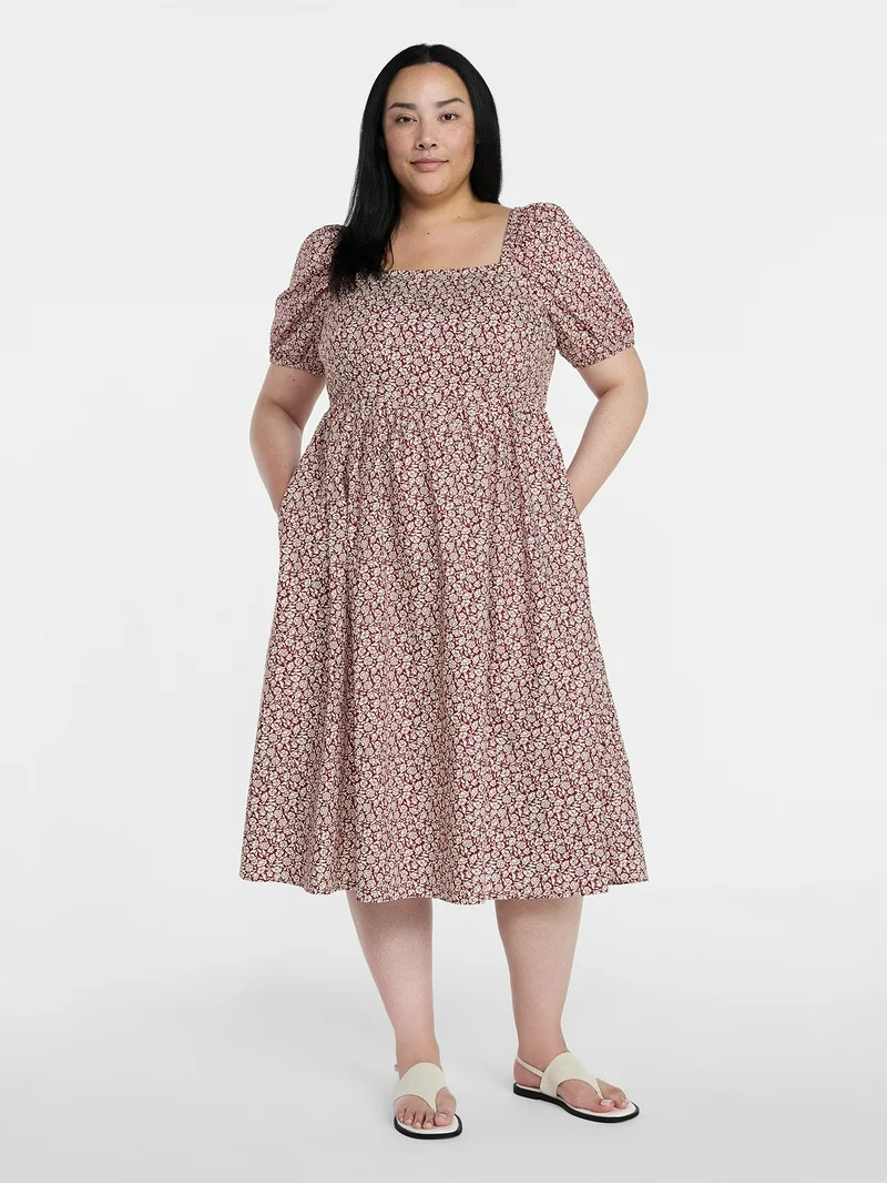 Time and Tru Women's and Women's Plus Cotton Back Tie Midi Dress with Short Puff Sleeves, Sizes X... | Walmart (US)