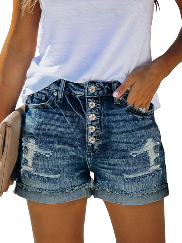Angerella Women's Denim Shorts Casual Mid Waist Ripped Jean Shorts Frayed Raw Hem Distressed Stre... | Amazon (US)