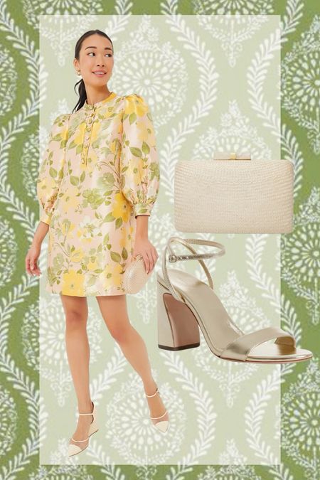 Wedding guest dress, shoes and clutch. I love the hues of this very popular dress! The silhouette is feminine and modest. I’d pair it with a taller heel and ivory bone clutch for a classic wedding guest look. 

#LTKstyletip #LTKwedding #LTKshoecrush