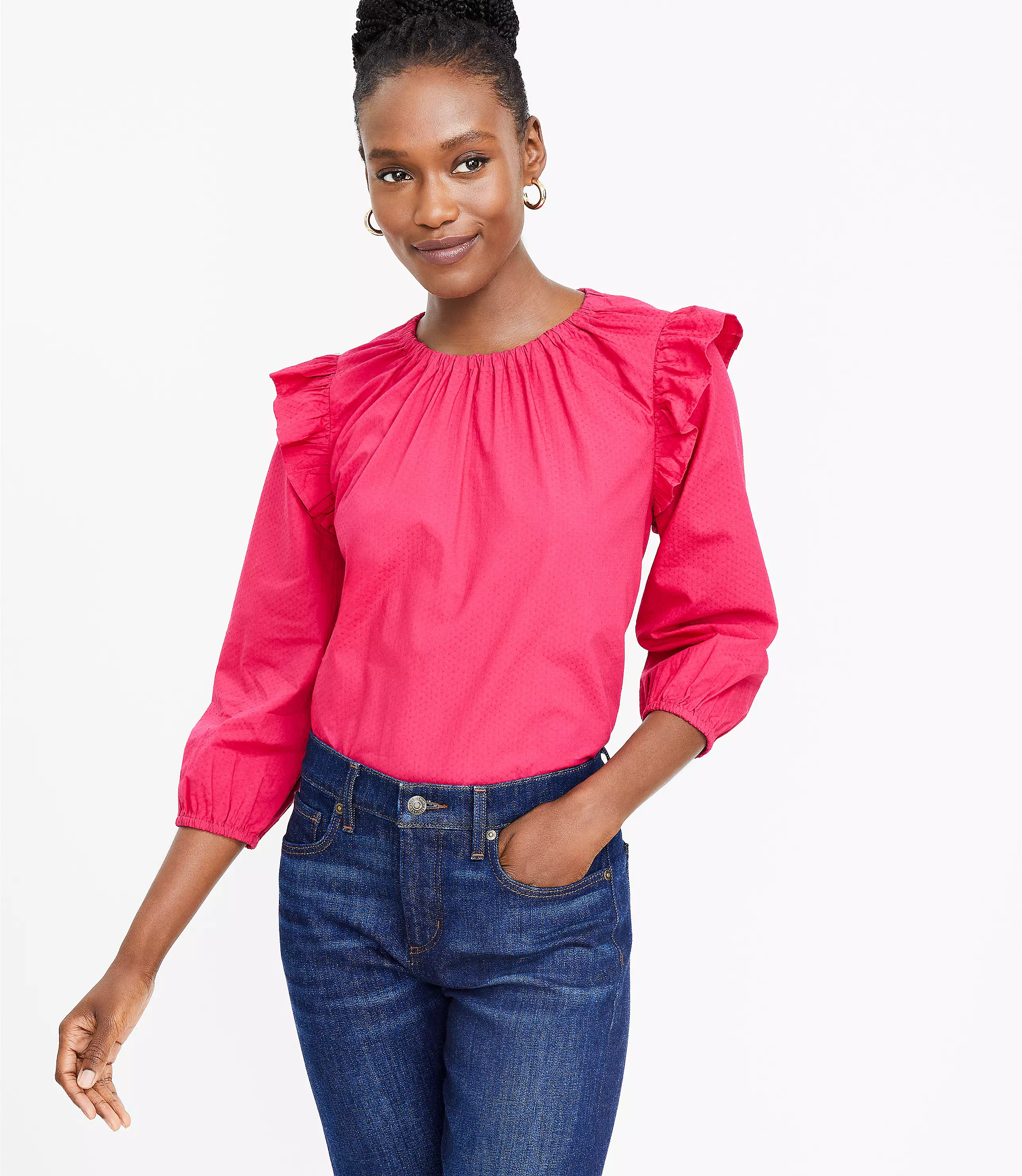 Dobby Tie Back Ruffle Blouse | LOFT