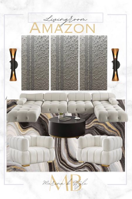 Shop this modern glam Amazon living room design! 

Sectional couch, accent chairs, artwork, wall scones, coffee table, living room rug,

#LTKsalealert #LTKstyletip #LTKhome