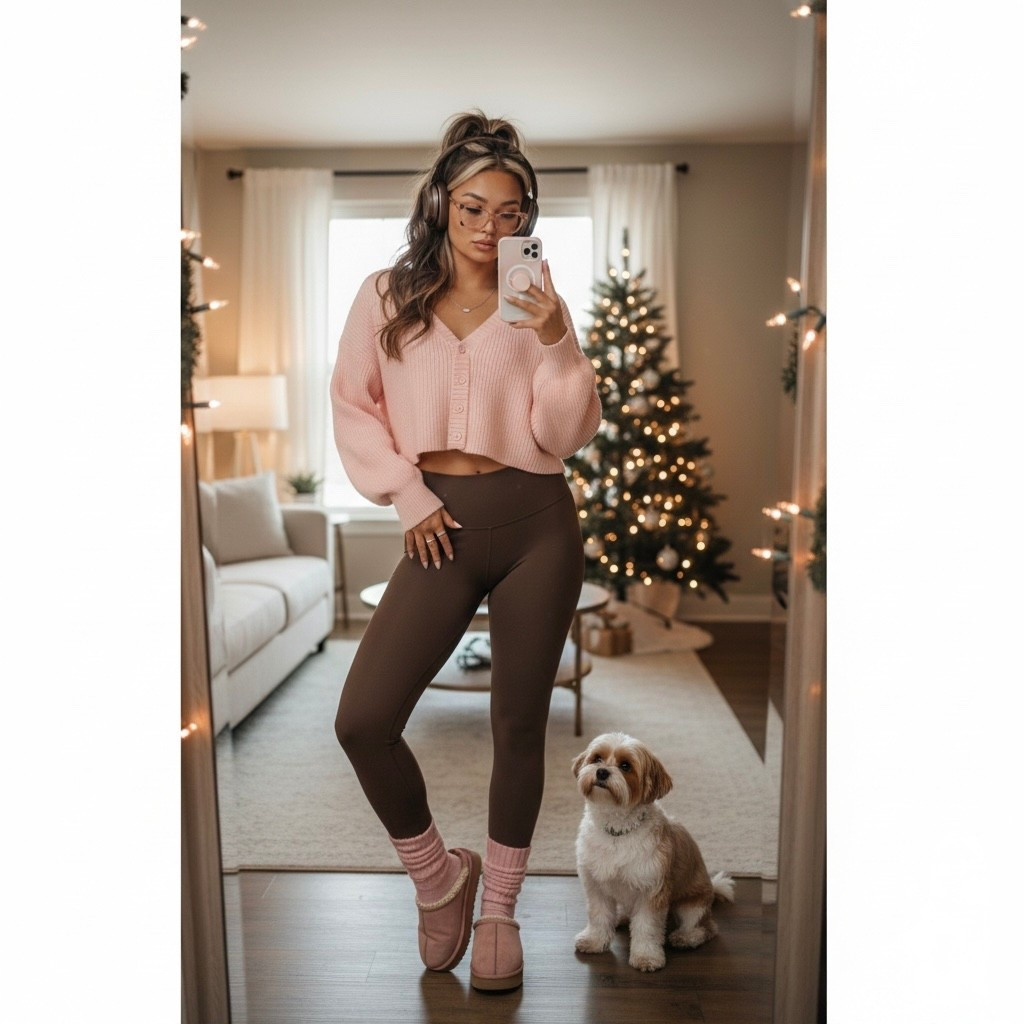 Wearing a soft pink cropped cardigan (S) with brown leggings (S), cozy socks, and slippers — basically my go-to cozy holiday outfit for slow Christmas mornings, coffee at home, and staying comfy all day. This soft girl winter loungewear set is perfect if you’re looking for an at-home Christmas outfit that still feels cute but relaxed. Everything I’m wearing is linked below if you want to shop the cozy look ✨

#LTKSaleAlert #LTKFindsUnder100 #LTKHoliday
