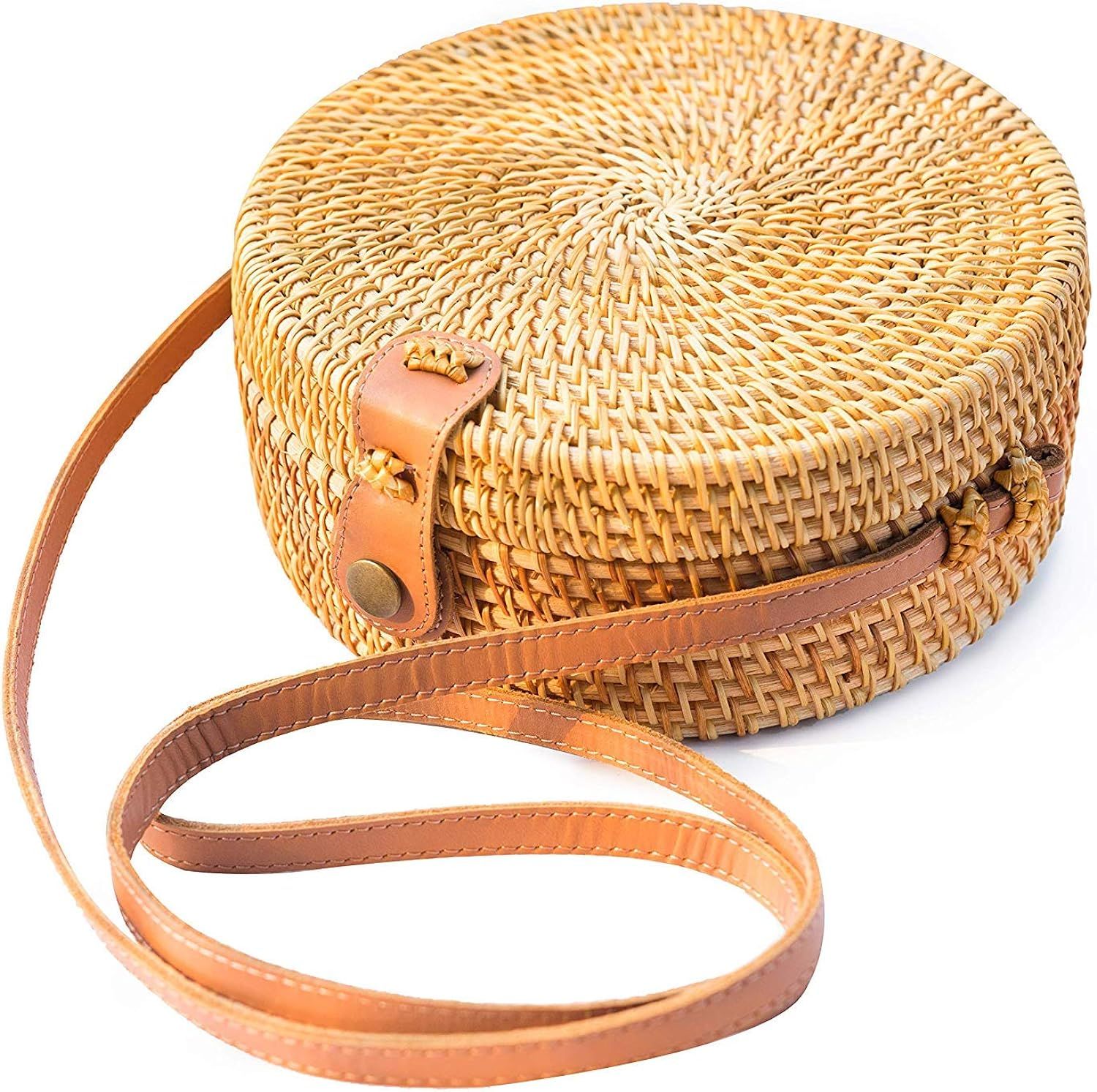 Amazon.com: Handwoven Round Rattan Bag Purse for Women, Tote Basket Circle Boho Bag Bali : Clothi... | Amazon (US)