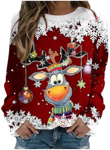 Women's Funny Christmas Sweatshirt Polyester Crew Neck Deer Head Pattern Winter Sweater Christmas... | Amazon (US)