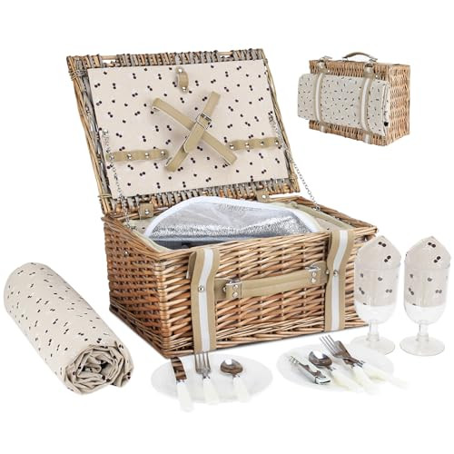 Willow Picnic Basket Set for 2 Persons with Large Insulated Cooler Bag and Waterproof Picnic Blanket, Wicker Picnic Hamper for Camping,Outdoor,Birthday | Amazon (US)