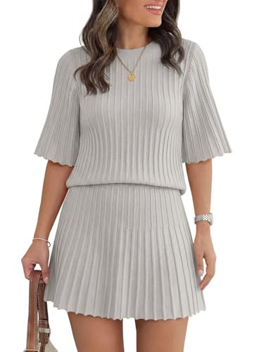 Saodimallsu Womens Sweater Sets 2 Piece Outfits Summer Half Sleeve Ribbed Knit Top and Pleated Skirt Set Lounge Set | Amazon (US)