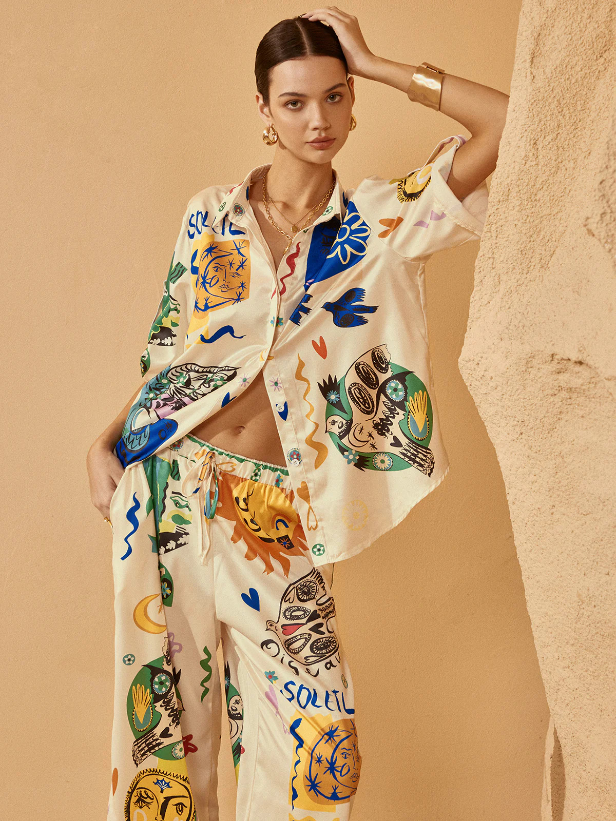 Satin Graffiti Lapel Pants Set | Commense