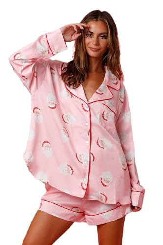 Christmas Pajamas Shorts Set for Women Santa Claus Pjs Long Sleeve Button Down Shirt+Pants 2 Piece Xmas Jammies Loungewear(Santa Claus Pink,L | Amazon (US)