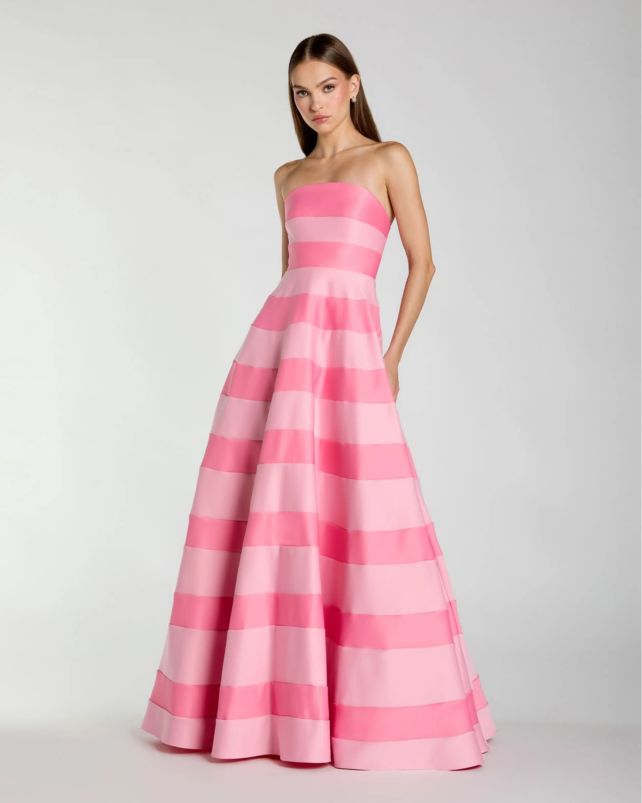 Pink Striped Strapless Satin Ballgown with Pockets | Mac Duggal | Mac Duggal