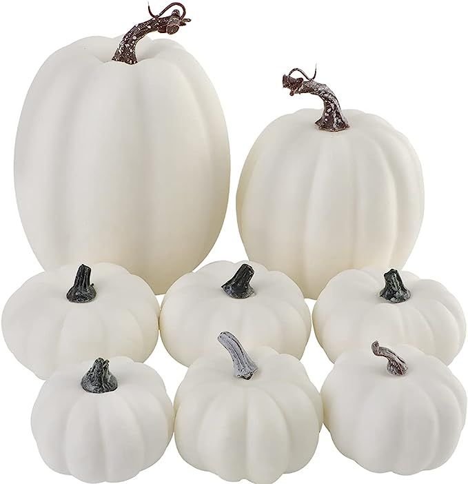 Artmag 8 Pcs Assorted Sizes Harvest White Artificial Pumpkins for Fall Halloween Thanksgiving Dec... | Amazon (US)