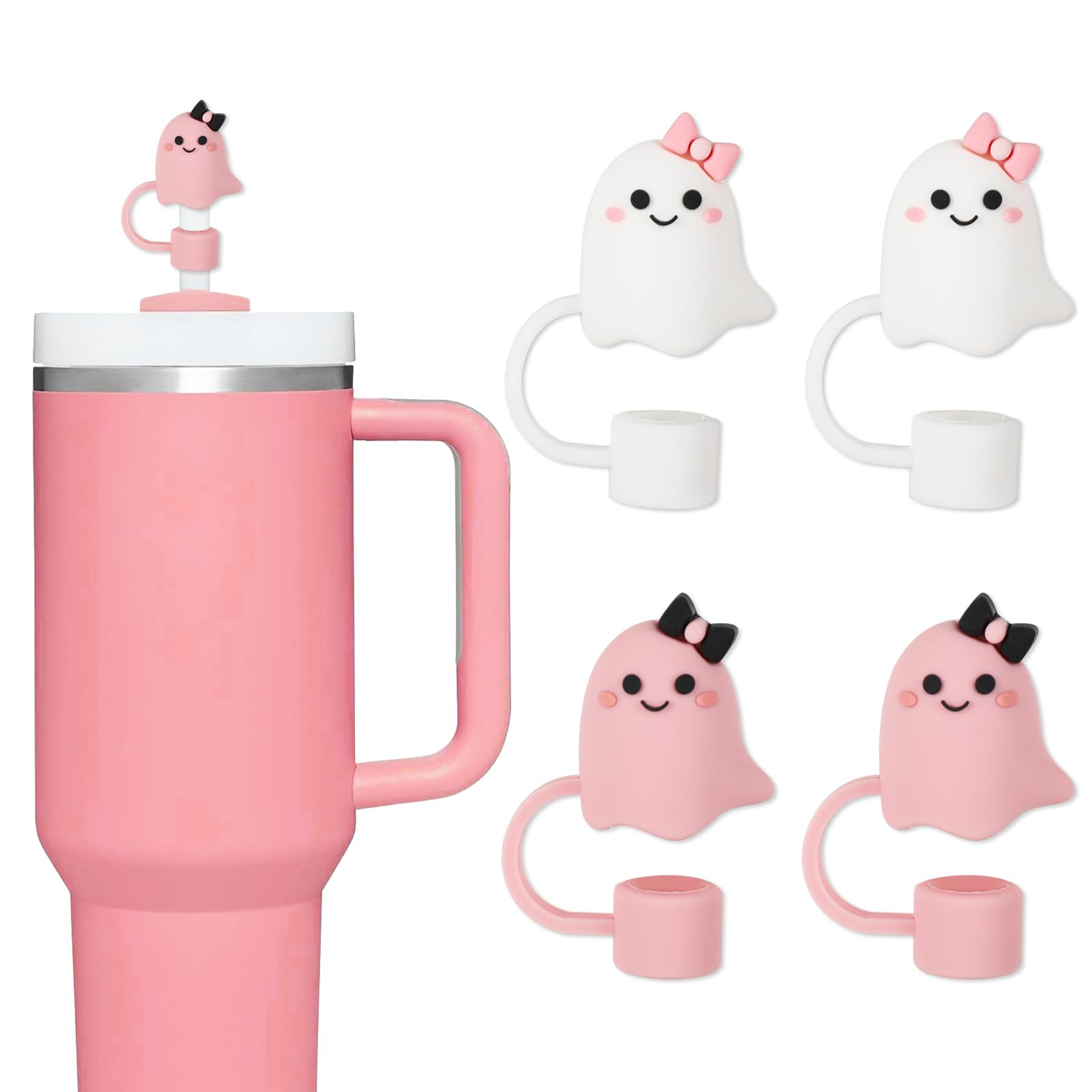 4 Pcs Halloween Straw Cover Cap Pink White Bow Ghost Silicone Straw Topper Reusable 10 mm 0.4 In ... | Amazon (US)