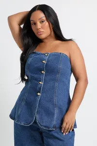 Plus Gold Button Detail Bandeau Denim Top | boohoo (US & Canada)