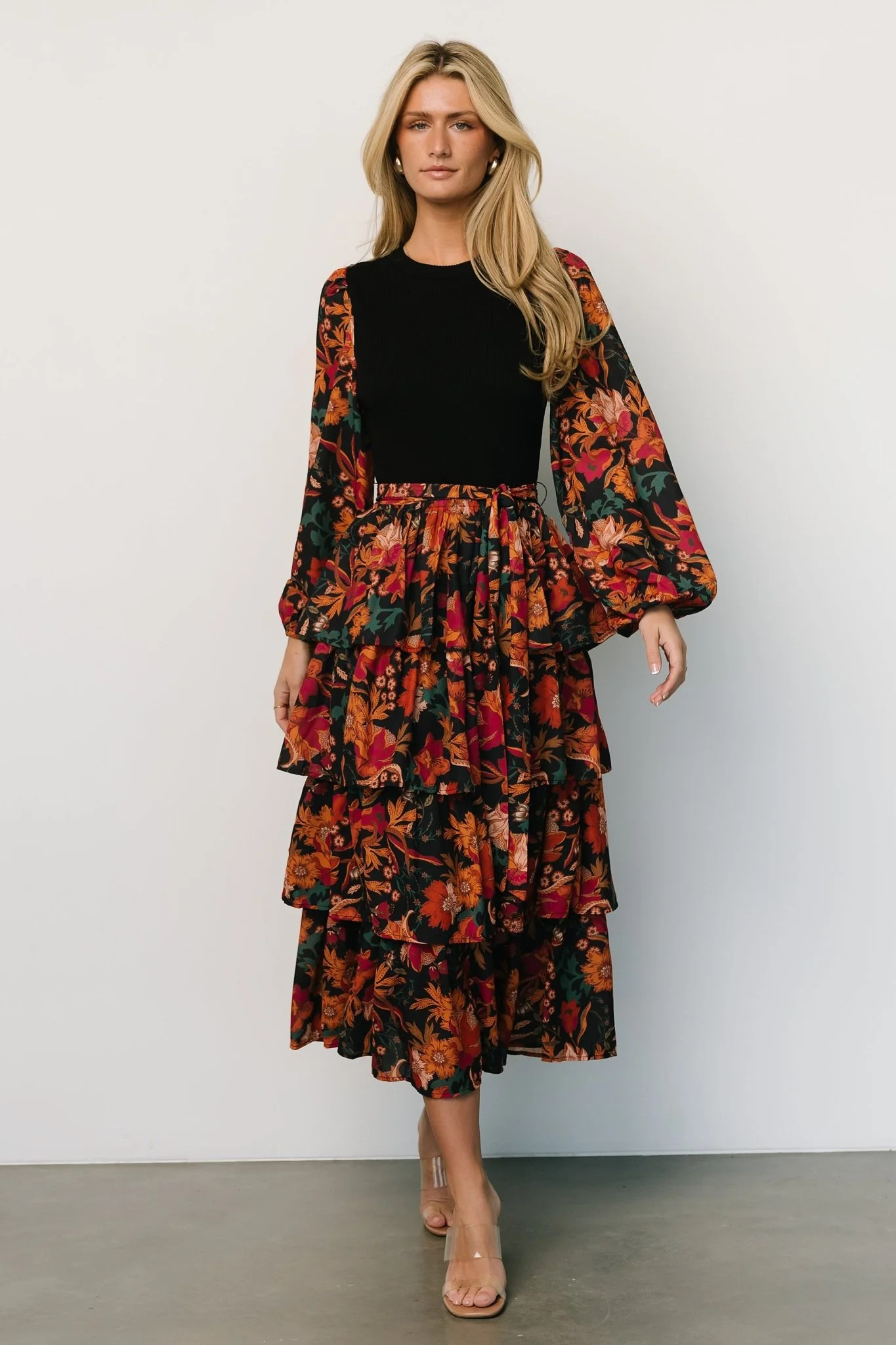Sylvie Tiered Midi Dress | Black Multi | Baltic Born