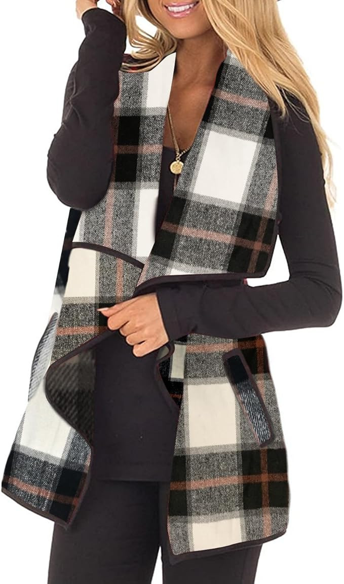 Unidear Womens Buffalo Plaid Vest Casual Lapel Open Front Sleeveless Cardigan Jacket Coat with Po... | Amazon (US)
