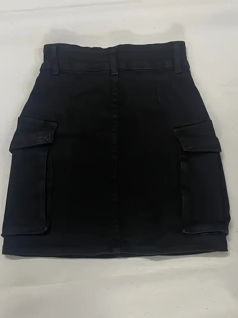 Double Button Chic Denim Mini Skirt Flap Pockets Solid Color - Temu | Temu Affiliate Program